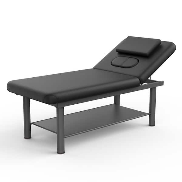 31.5 in. Black Beige Professional Massage Table Bed-Waterproof PU Leather, Adjustable Chest Opening, Round Iron Legs