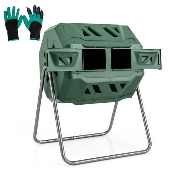 Costway 42 Gal Compost Bin Dual Chamber Composting Tumbler with 2 Sliding Doors Metal Frame Green