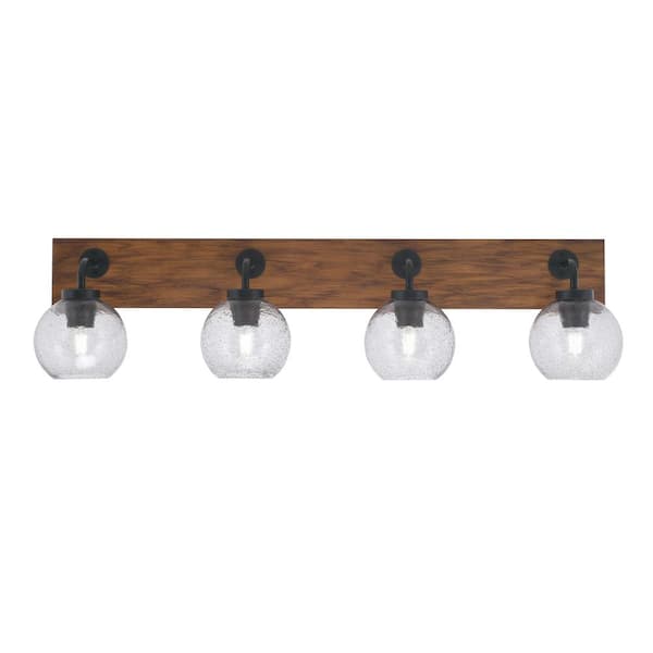 Unbranded Kirby 36.5 in. 4 Light Black & Painted Wood-look Vanity Light with 5.75 in. Smoke Bubble Glass Shades No Bulbs Included