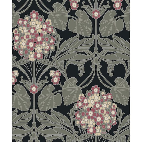 31.35 sq. ft. Black & Rosewood Hydrangea Floral Vinyl Peel and Stick Wallpaper Roll