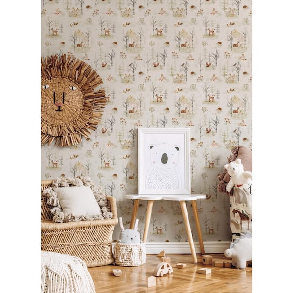 Clara Jean Woodland Scene Neutral Vinyl Peel and Stick Matte Wallpaper 30.75 sq. ft.