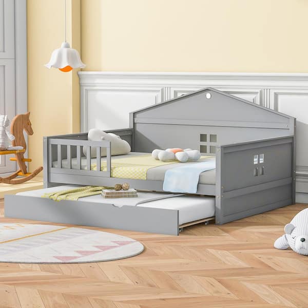Harper & Bright Designs Gray Full Size Wood House-shaped Daybed with a Sensor Light and Trundle