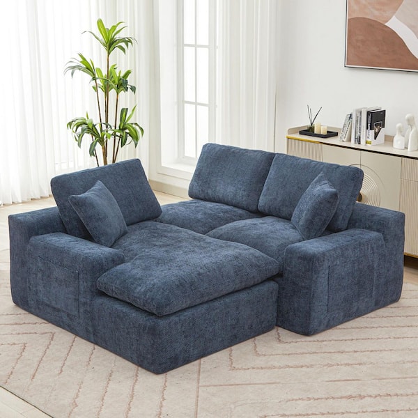 107.9 in. Chenille Full Compressed Sectional Sofa in Blue with Pillows and Side Storage Pockets