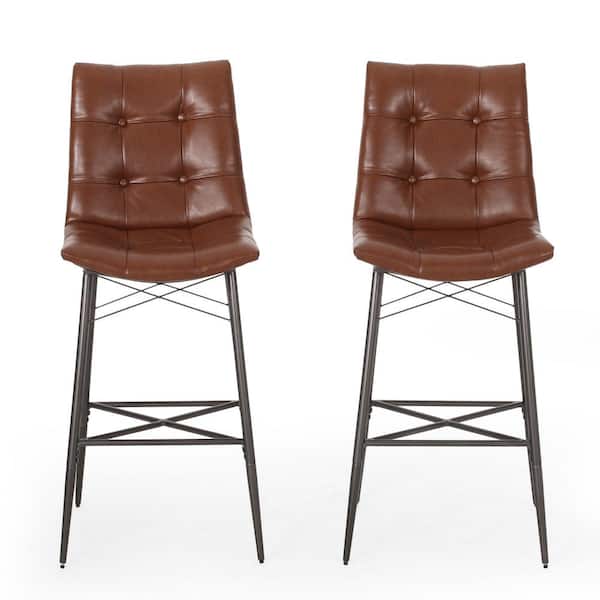 Noble House Hayesville 46.5 in. High Back Light Wood Brown and Gun Metal Tufted Bar Stool (Set of 2)
