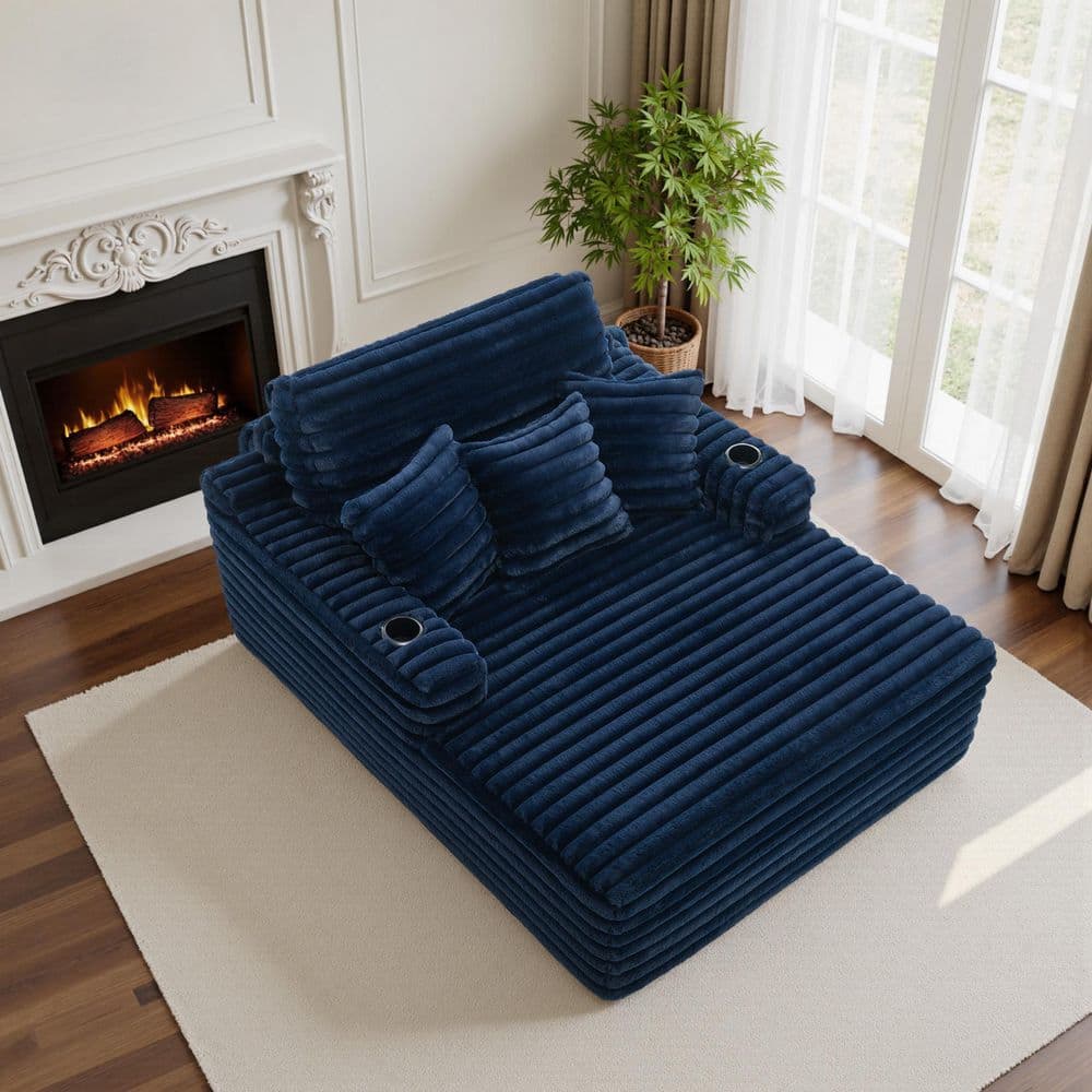 Uixe Modern Navy Blue Faux Rabbit Fur Polyester Lazy Sofa 2-Arm