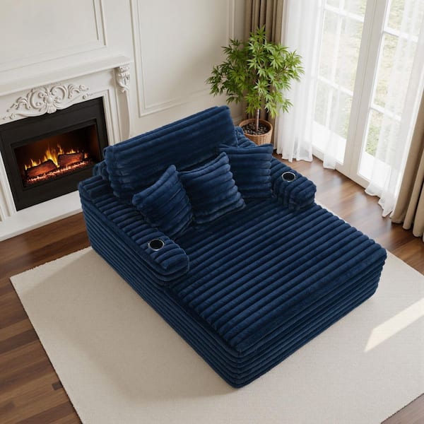 Modern Navy Blue Faux Rabbit Fur Polyester Lazy Sofa 2-Arm Chaise Lounge With Cup Holders(Set of 1)