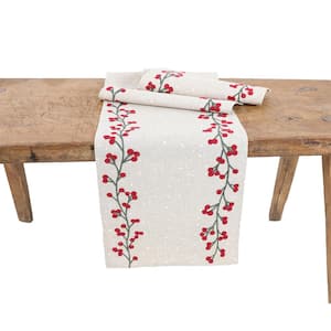 15 in. x 70 in. Holly Berry Branch Crewel Embroidered Christmas Table Runner, Natural