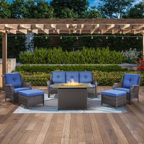 6-Piece Brown Wicker Outdoor Patio Rectangular Fire Pit Conversation Set with Blue Cushions and Ottomans