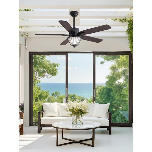 52 In Black Outdoor Ceiling Fans with Light Remote Control Waterproof Downrod Fandelier for Patios Porch Pergola Canopy