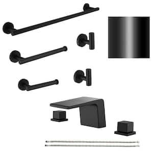 8 in. Widespread Double Handle Bathroom Faucet Combo Kit Tub Spout with 24. in Towel Bar and Towel Hook in Black