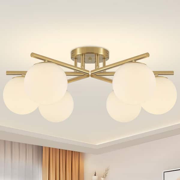 26.37 in. 6-Light Gold Modern Sputnik Semi-Flush Mount Ceiling Light Fixture with Globe Frosted Glass