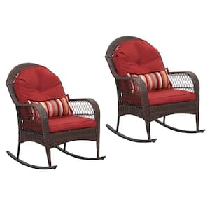 All weather Brown Wicker Outdoor Rocking Chair with Red Cushion (2-Pieces)