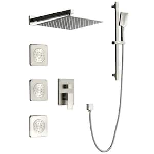 12 in. 2-Handle 3-Spray Wall Mount Pressure Balance Square Rainfall Shower System with Rough-In Valve in Brushed Nickel