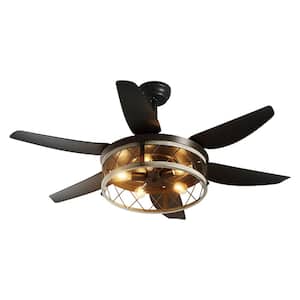 52 in. Smart Indoor Black Low Profile Retro Caged Ceiling Fan Light with 4 E26 lamp holder（no bulbs included）