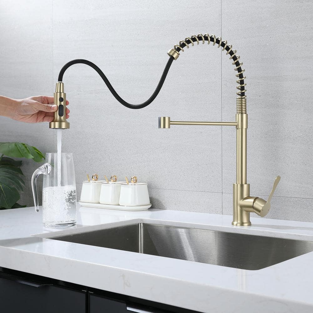 Single Handle Pull Down Sprayer Kitchen Faucet with Advanced Spray, Pull Out Spray Wand in Golden Brushed -  Staykiwi, SKGYKF06-BG