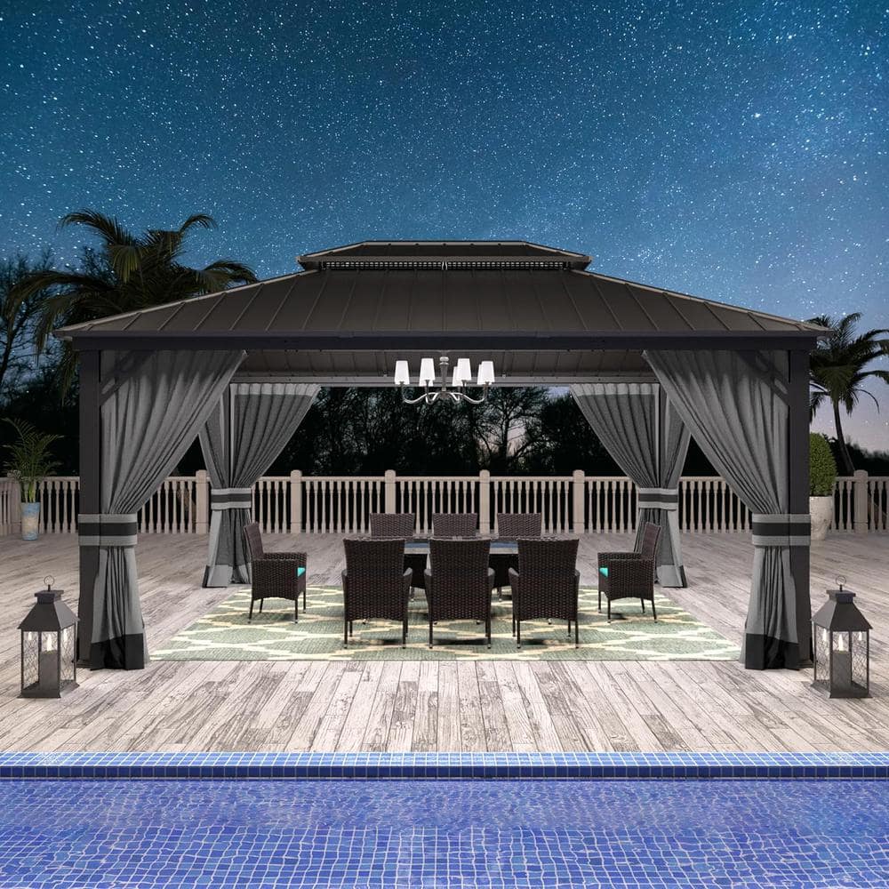 Gray 12x16ft Hardtop Gazebo with Nettings and Curtains