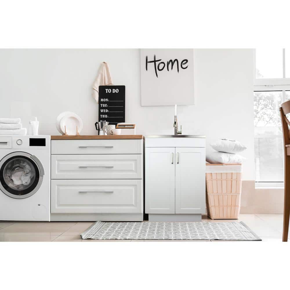 24-Inch White and Stainless Steel Freestanding Laundry Sink with Faucet