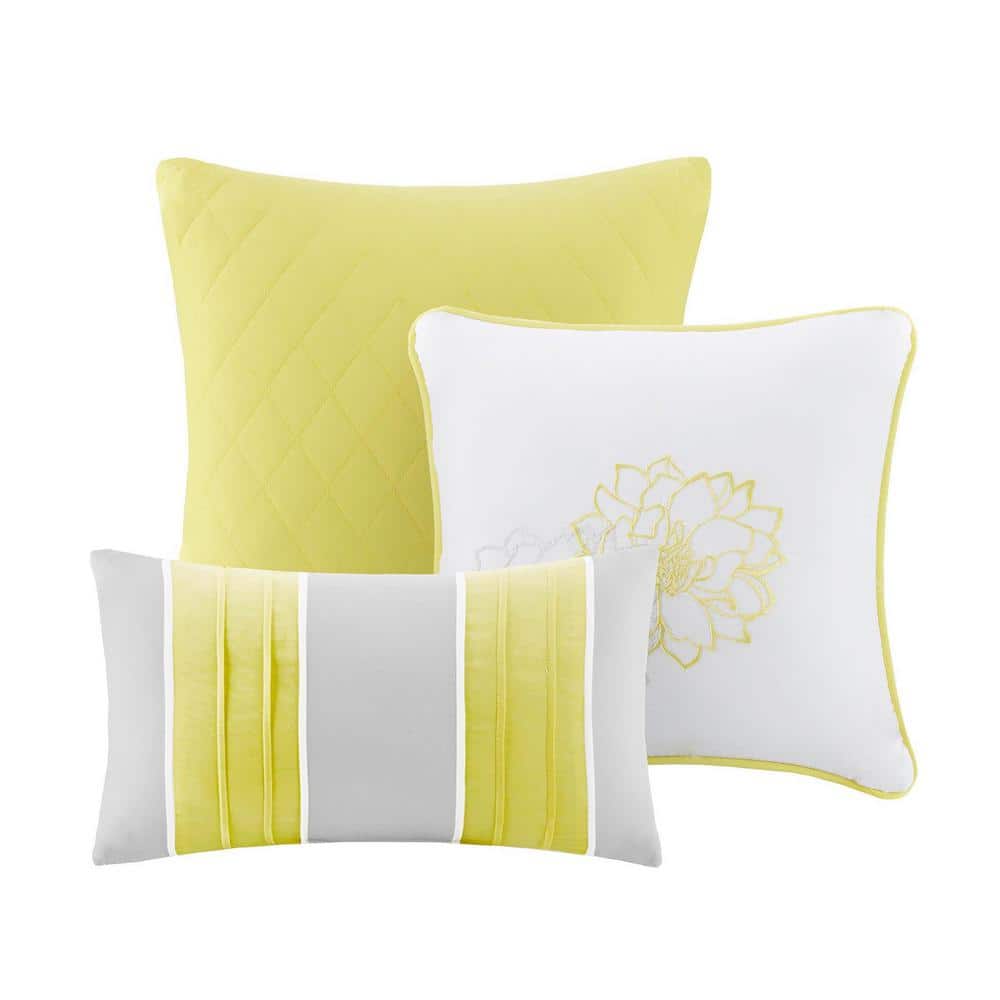 Gray and Yellow Floral Reversible Cotton King Quilt Set
