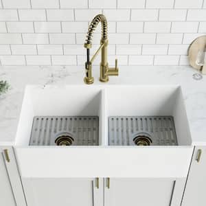 Matte Stone White Composite 36 in. Double Bowl Flat Farmhouse Kitchen Sink with Faucet in Gold, Strainers and Grids