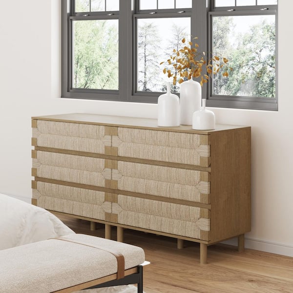 Beacon Brushed Light Brown 3 Drawer 31 in. Bohemian Dresser with Solid Wood Legs and Seagrass Drawer Front, (Set of 2)