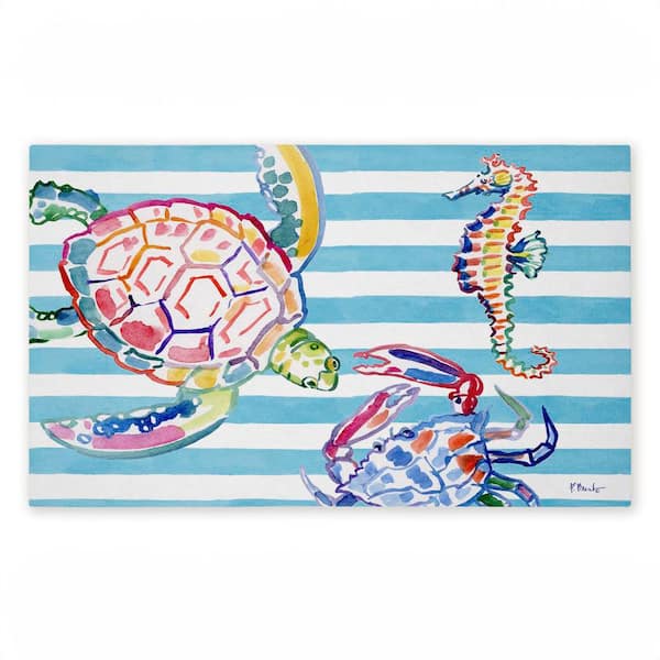 Brushstroke Sea Life on Stripes Blue 18 in. x 30 in. Polyester Non-Slip Outdoor Door Mat