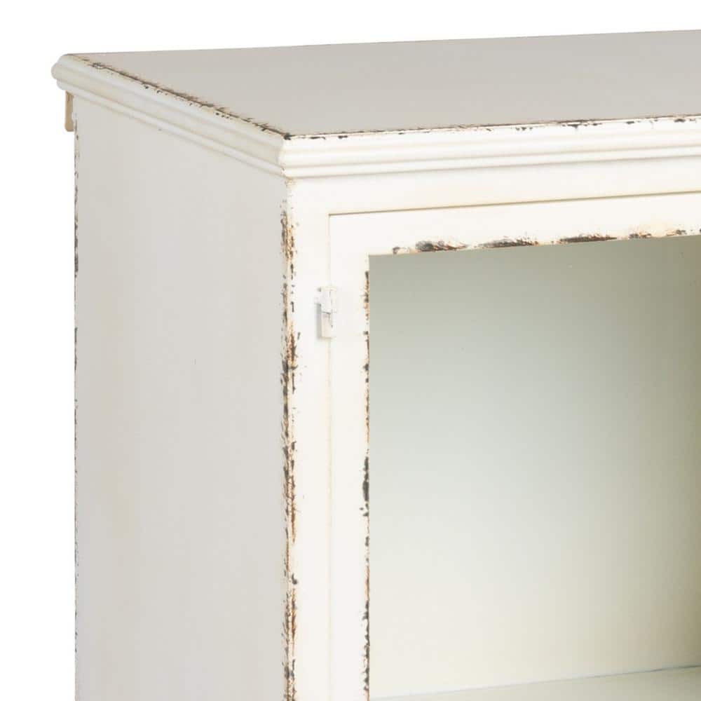 Distressed White Metal Cabinet with 3 Drawers and Open Shelf