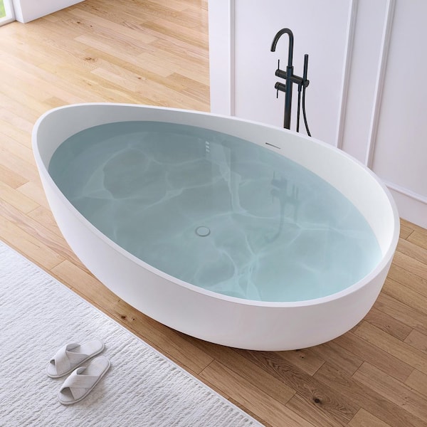 71 in. x 43 in. Wave Stone Resin Solid Surface Flatbottom Freestanding Soaking Bathtub in White