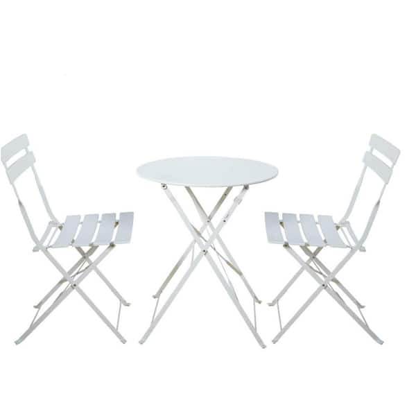 FORCLOVER White3-Piece Metal Outdoor Round Bistro Set with 2 Foldable Chairs (2-Person)