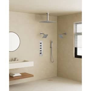 Thermostatic Valve 15-Spray 16 x 6 x 6 in. Ceiling Mount Dual Shower Head and Handheld Shower in Brushed Nickel