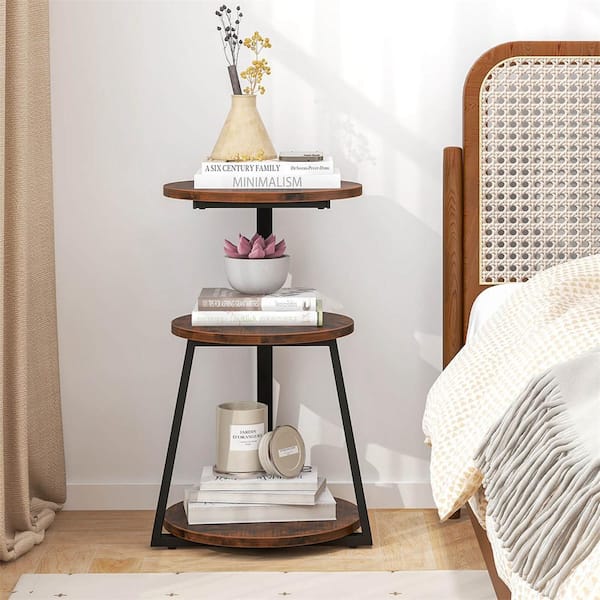 Costway 15 in. Brown Round Wood Top End Table with Metal Frame and Adjustable Foot Pads