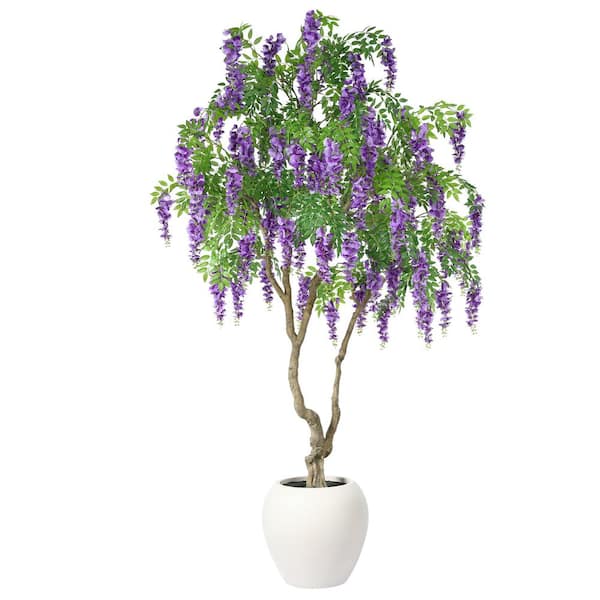 DR.Planzen Artificial Flower 8 ft. Tree with 18 in. White Planter, Tall Faux Matthiola Incana Trees for Indoor