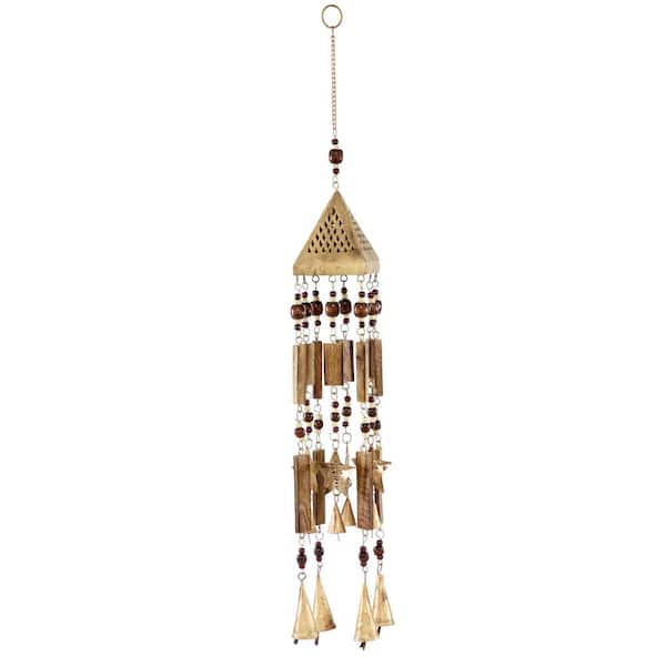 Litton Lane 29 in. Gold Wood Sun Stars Windchime with Beads and Cone Bells