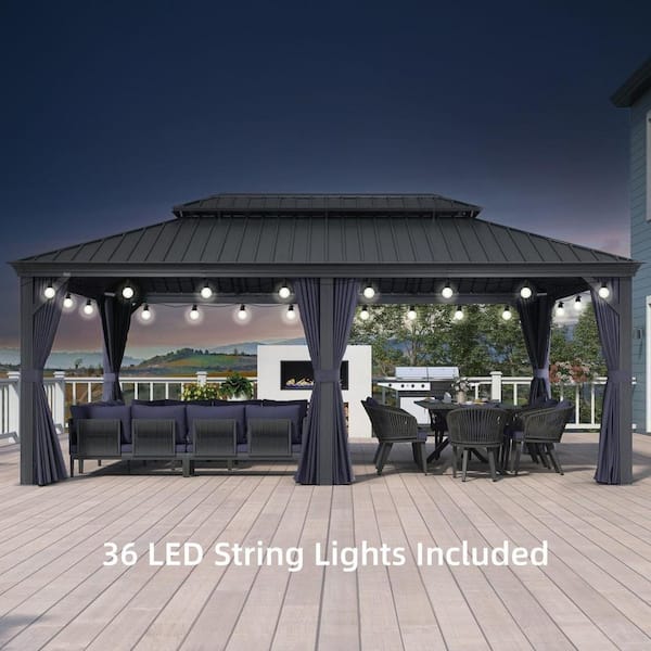 12 ft. x 20 ft. Gray Patio Outdoor Gazebo for Backyard Hardtop Aluminum Frame with Hooks,Upgrade Blue Curtain 36-Lights