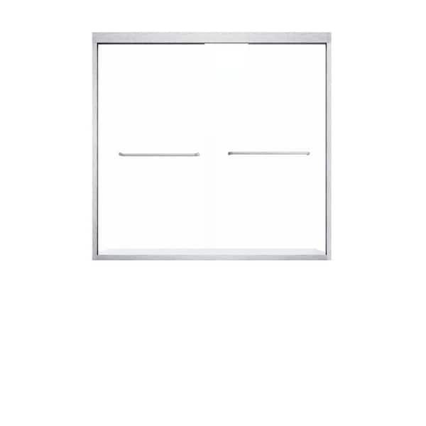 60 in. W x 62 in. H Double Sliding Aluminum Semi-Frameless Tub Door in Brushed Nickel with Clear Tempered Glass