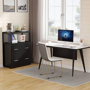 Black File Cabinet with Lockable File Drawers and Open Storage Shelf