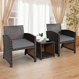 3-Piece Wicker Patio Conversation Sofa Set with Gray Cushions and Coffee Table