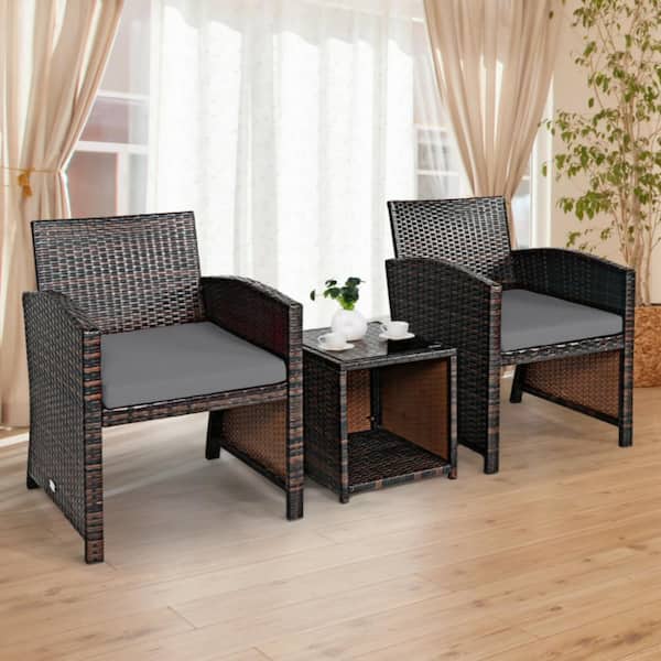 (3-Piece) Rattan Wicker Patio Conversation Sofa Set with Gray Cushions and Tempered Glass Coffee Table for Garden