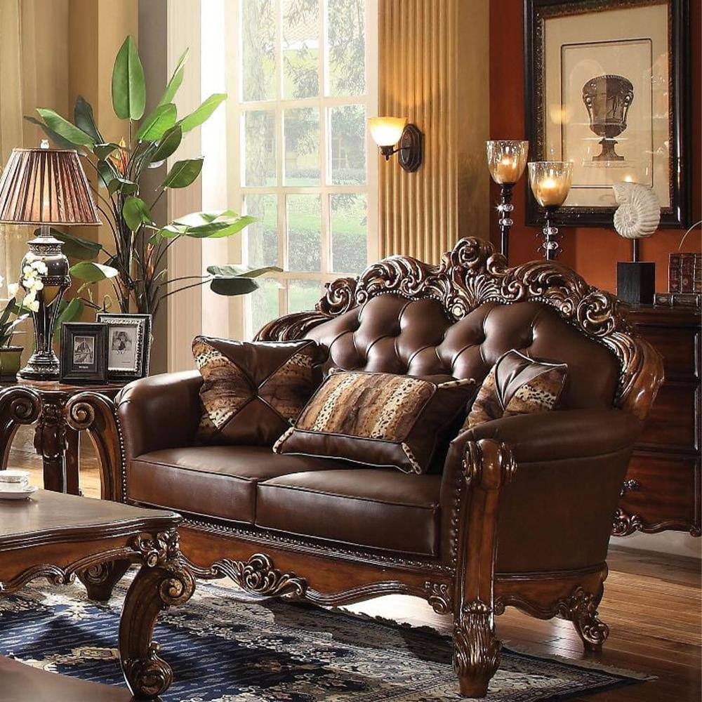 Vendome Cherry Tufted Leather Loveseat with Pillows