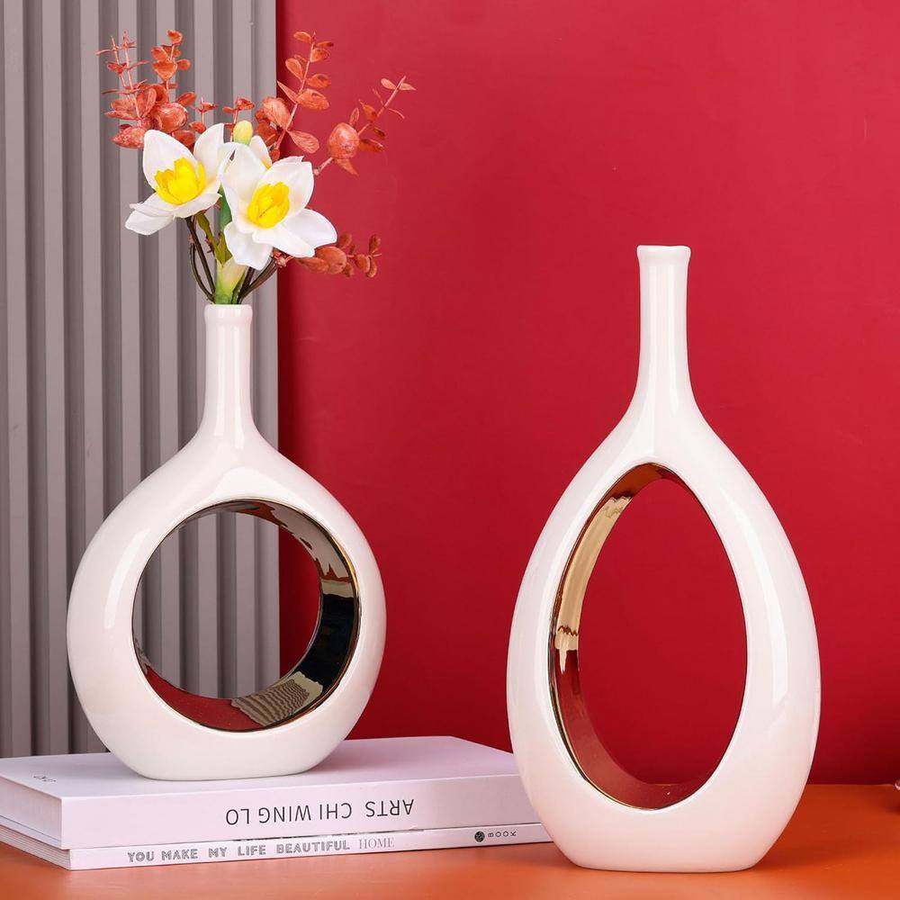 White and Gold Ceramic Cylinder Decorative Vase Set