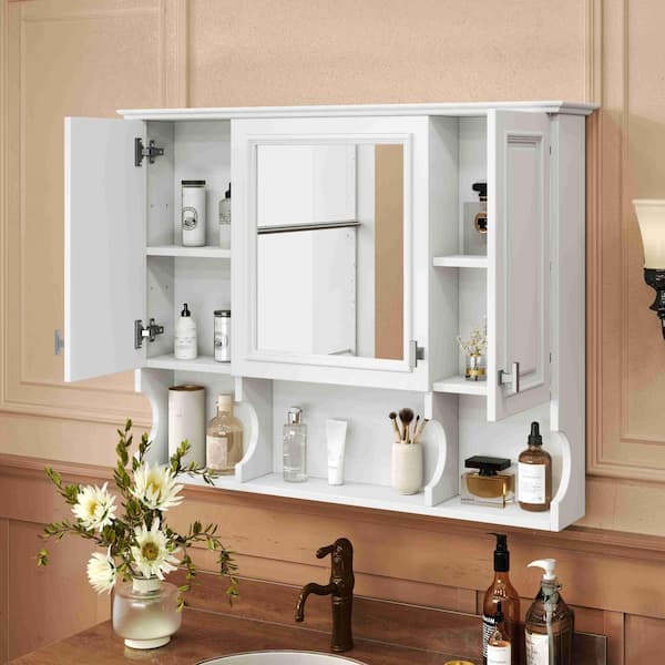 35 in. W x 28.7 in. H Rectangular MDF Medicine Cabinet in White with Mirror and Open Shelves
