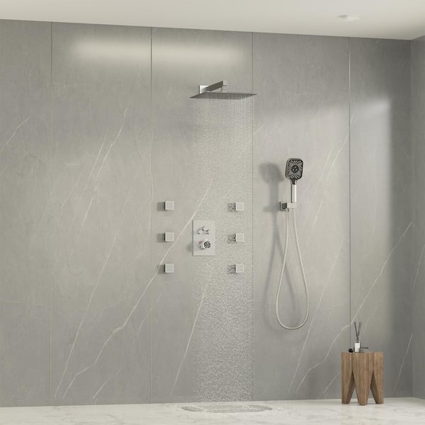 6-Spray Thermostatic Dual Shower Heads 12 in. Wall Mount Fixed and Handheld Shower Head 2.5 GPM in Brushed Nickel