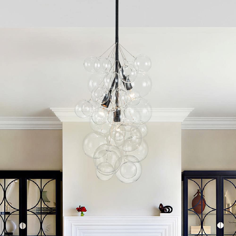HUOKU 3-Light 15.7 in.W Matte Black Clear Glass Bubble Cluster