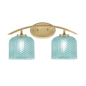 Siena 18.25 in. 2-Light Vanity Light New Age Brass with 6 in. Turquoise Textured Glass Shades, No Bulbs Included