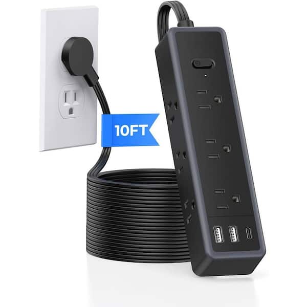 phyfalip 9-Outlet Surge Protector Power Strip with USB Port, Flat Extension Cord 10 ft. in Black