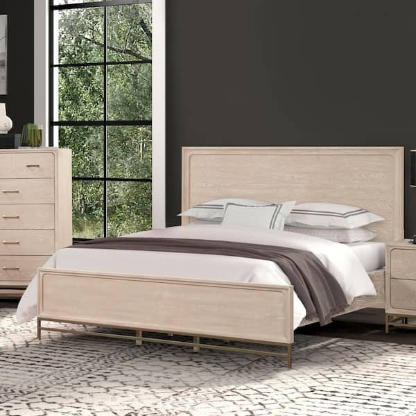 Lena Light Oak Beige Wood Frame Queen Platform Bed with Panel Footboard and Metal Legs