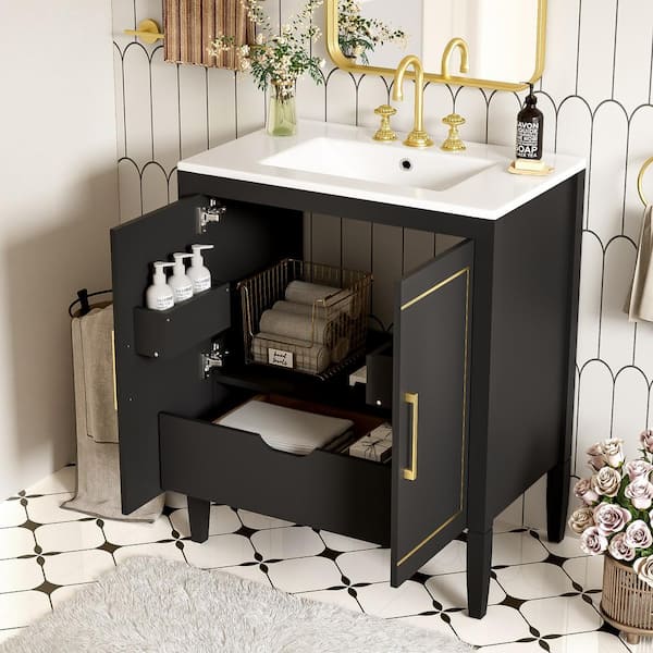 30 in. Freestanding Black Bath Vanity with White Ceramic Top Unassembled