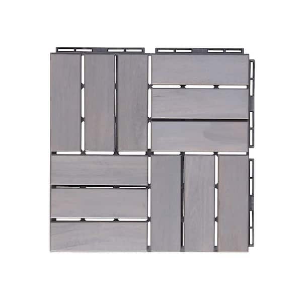 Afoxsos 1 ft. x 1 ft. Acacia Wood Interlocking Flooring Tiles Checker Pattern Deck Tiles in Gray (10 Per Box)