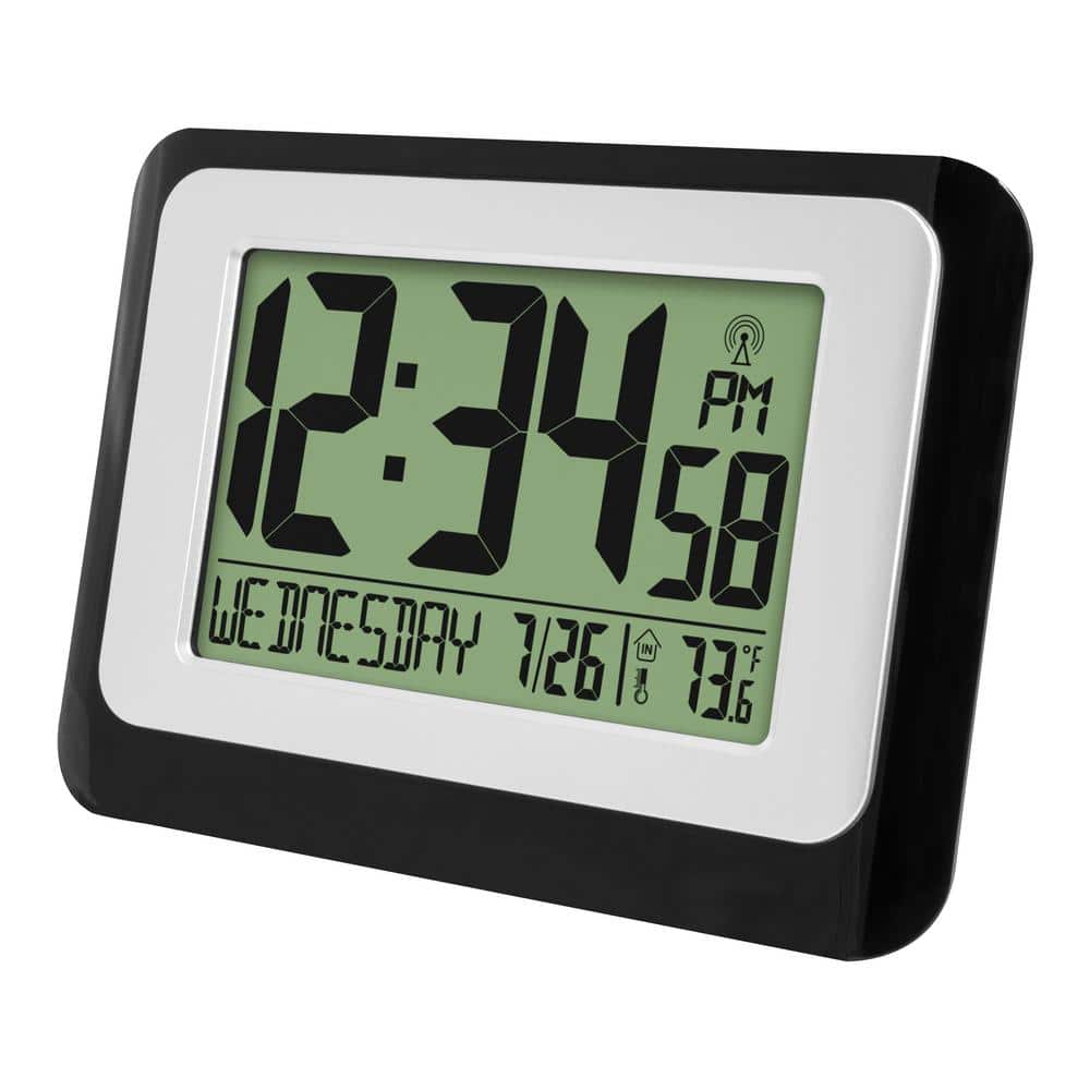 Black and Silver Digital Atomic Wall Clock with Temperature Display
