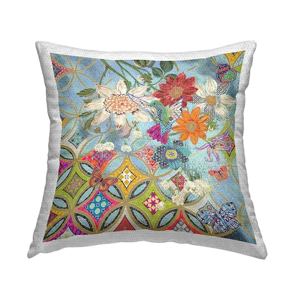 Blue Hummingbird Bold Florals Multi-Color Square Outdoor Throw Pillow