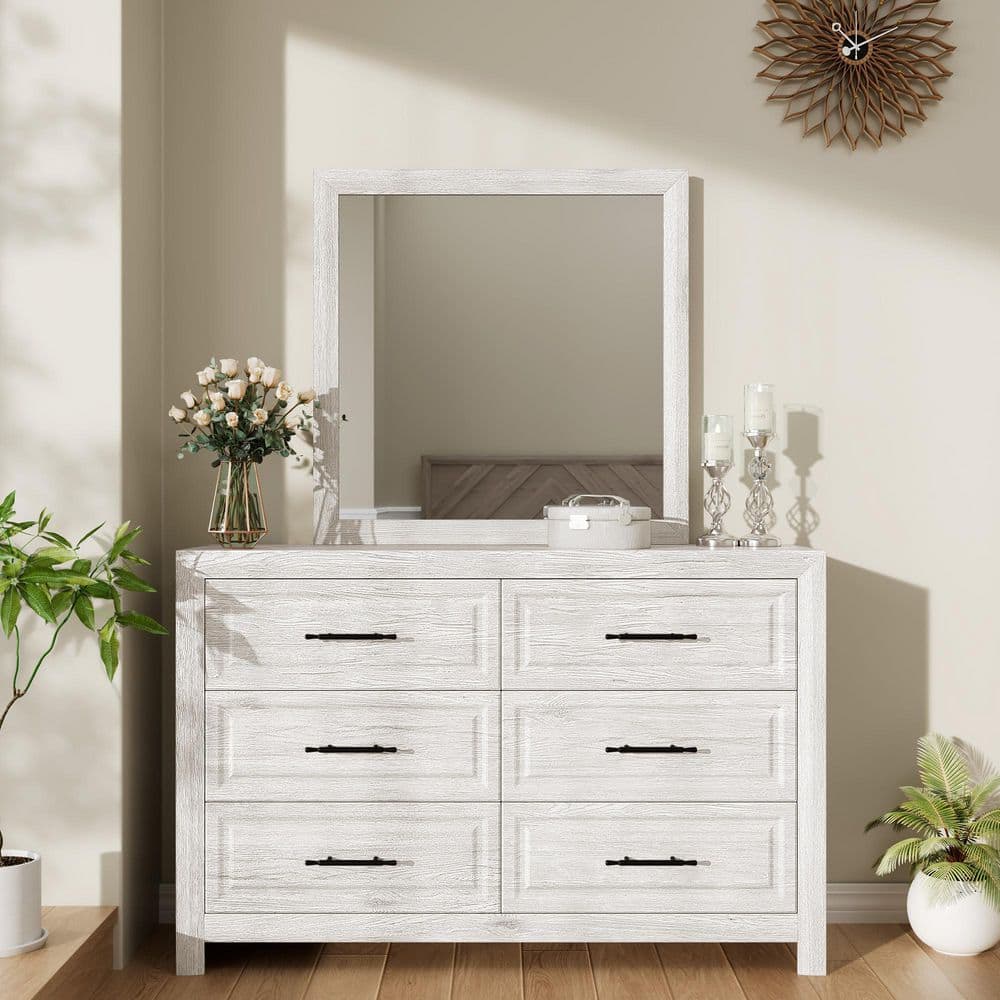 Farmhouse White 6-Drawer 55.12" x 37.9" x 15.75" with Mirror Dresser Chest of Drawer Dresser for Bedroom Organizer